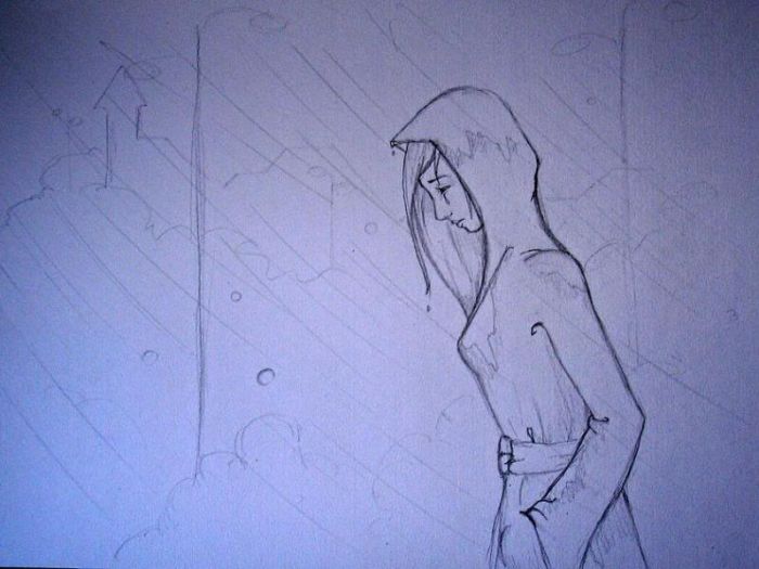 Prompt: Crying in the rain girl crying sketch. Prompt: Crying in the rain