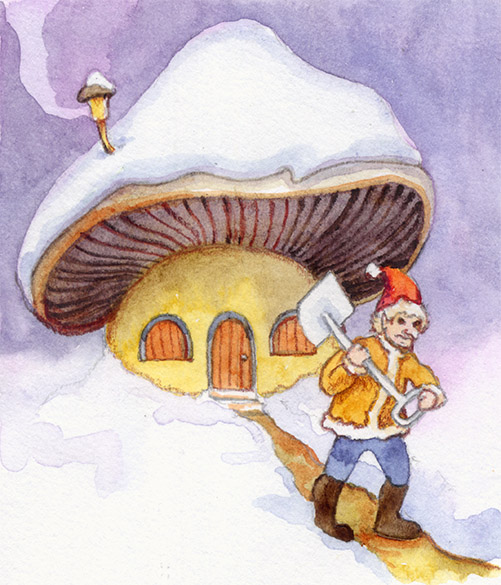 Grumpy Gnome Shoveling Snow by Janet Chui