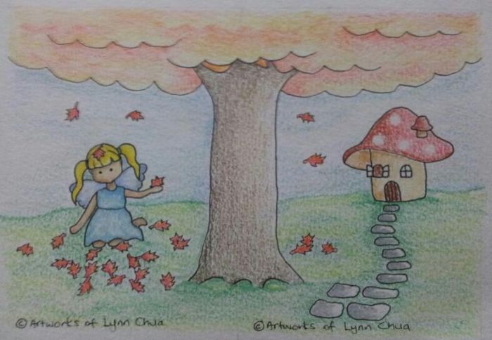 Fairy playing in autumn leaves by Fairy Cottage by Lynn Chua (Angel Choir)