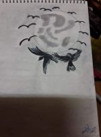 Raven circling the moon