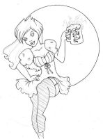 a redheaded barmaid in green fishnets