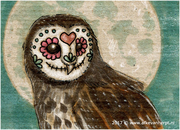 A brown-feathered owl with a face done up in white and pink like a Mexican sugar skull; the owl is pictured from mid-body up, peering to the viewer's right. A full moon occupies much of the background, with the rest of the canvas painted a nightsky green.