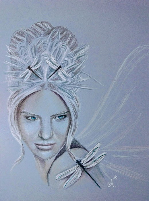 A bust of a blue-eyed woman with pale skin, looking left over her shoulder with her eyes cut right. Her hair is in a large updo, with two dragonflies perched on the vaguest sketch of a crown or tiara. Another dragonfly alights on her shoulder, and she has the faint suggestion of dragonfly wings sprouting from her back.