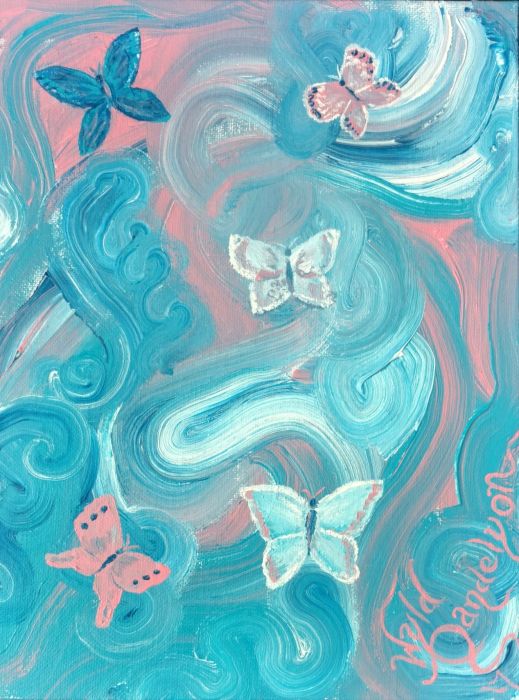 An acrylic painting of pink, blue, and white-trending butterflies on a field of thick whorled paint in blues and pinks and whites.