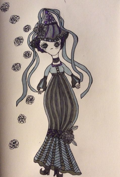 An elongated and stylized human figure with a simplistic face of eyes and mouth only faces the viewer in a long black dress with an Empire waist and a striped skirt. The skirt is gathered at the figure's shin with a black band adorned with black roses. A pointed hat sits on her head, adorned with black roses and trailing black ribbons. Black roses float in the background.