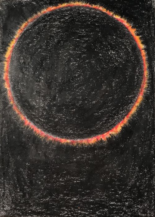 An eclipse pictured on a black field; the sun's corona peeks around the moon's edges in smoldering orange.