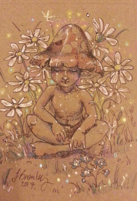 A miniature humanoid creature resembling a plump child sits facing the viewer among white flowers, his eyes closed. He's wearing a mushroom cap for a hat, and magical lights dance around him. Drawn on brown paper with limited colors.