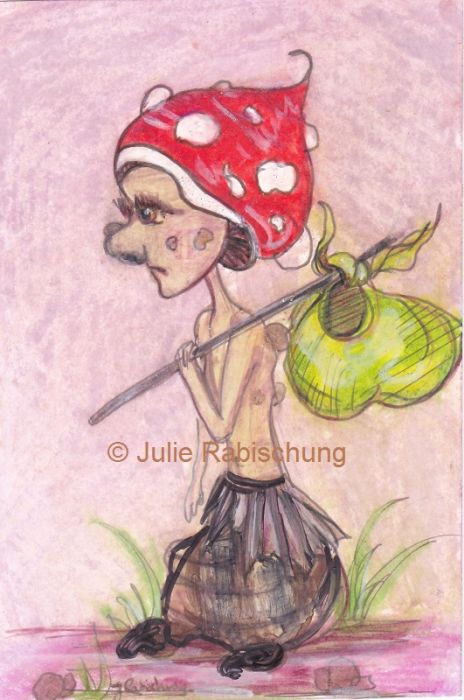 A colorful illustration of a diminutive, skinny humanoid being with a mushroom cap for a hat and a bindle over their shoulder, walking to the left through sparse grass.