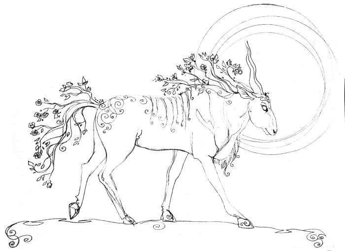 A barrel-chested antelope walks to the right. Its mane and tail are flowering branches, and the sun burns in the distance beyond the antelope's head making a sort of halo. Decorative lines and whorls adorn the antelope's back.