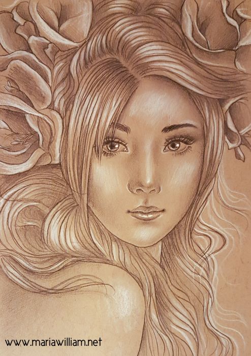 A bust of a woman on brown-toned paper, she faces the viewer with hair unbound - bangs fall over her right eye; she has tilted eyes and a small mouth and her head is surrounded by vague flowers filling the upper background of the paper.