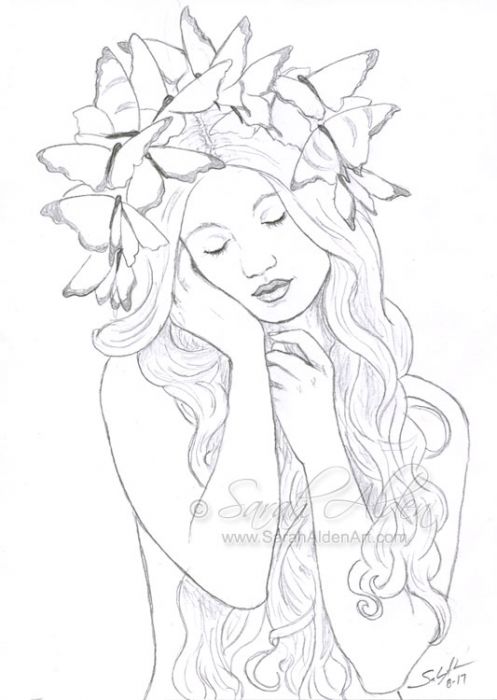 A black and white sketch of a woman facing the viewer, depicted from waist up. Her waves of long hair obscure her torso, and she holds her hands in front of her, resting her face on her right hand. Her head is tilted to the viewer's left, her eyes are closed, and she is crowned with perhaps a dozen butterflies.