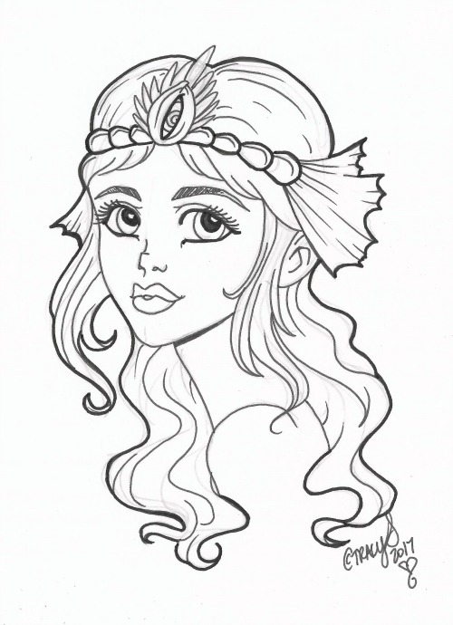 A black and white illustration: a mermaid faces the viewer, head turned to the left and her shoulder in view; long tresses are held back from her face with a headdress of pearl and shell and fin.