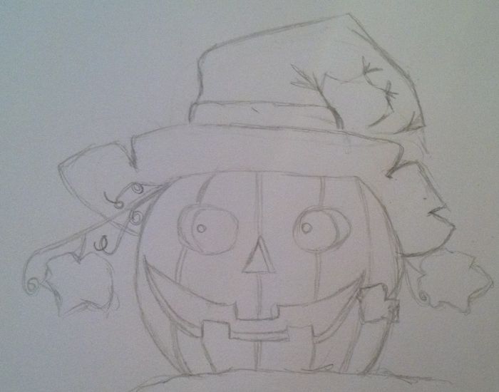 A pencil sketch of a jack o'lantern. The pumpkin faces the viewer, though its eyes appear to look to the viewer's left. The jack o'lantern is wearing a witch's hat with the pointed tip curling to the viewer's right. The pumpkin also features a leafy vine curling to the viewer's left.