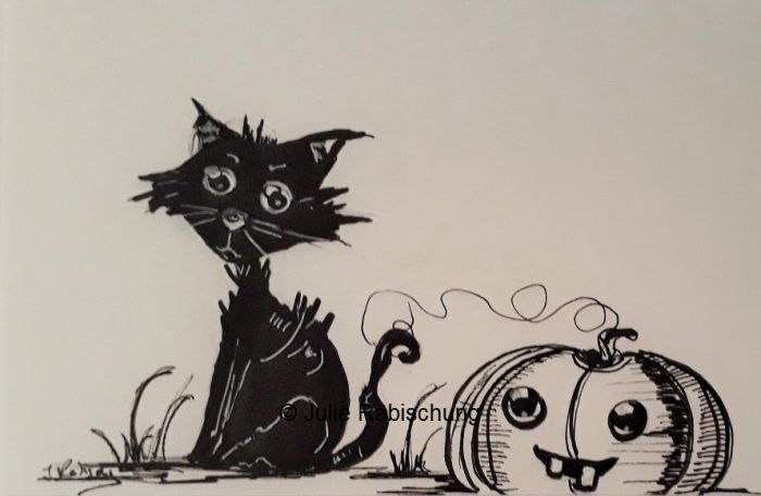 A raggedy black cat stares out at the viewer next to a grinning, bucktoothed jack o'lantern. The illustration is a black ink sketch on white paper.