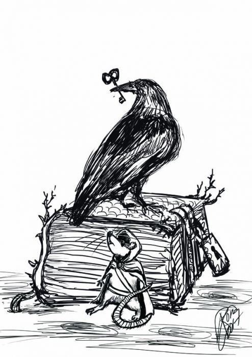 A fat tome of a book sits on a vague background in this ink sketch on white paper. The book is padlocked; a crow sits on top of the book, back to the viewer and its head looking to the viewer's left. The crows holds a key in its beak. A mouse standing upright on its hind legs and wearing a hooted cloak and some type of baldric presses its back to the book (which is taller than it is), looking apprehensively up toward the crow above.