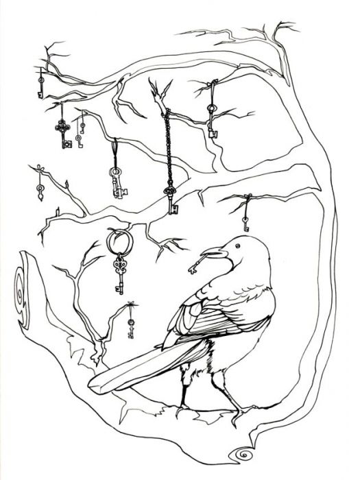 A set of branches curves in an backwards E shape, supporting a magpie on the lowest branch. The magpie's back is to the viewer, and it looks over its shoulder to the viewer's left. The magpie holds a small key in its beak. 11 keys of various ornateness and sizes dangle from ribbon and chains and rings from various branches. Ink drawing.