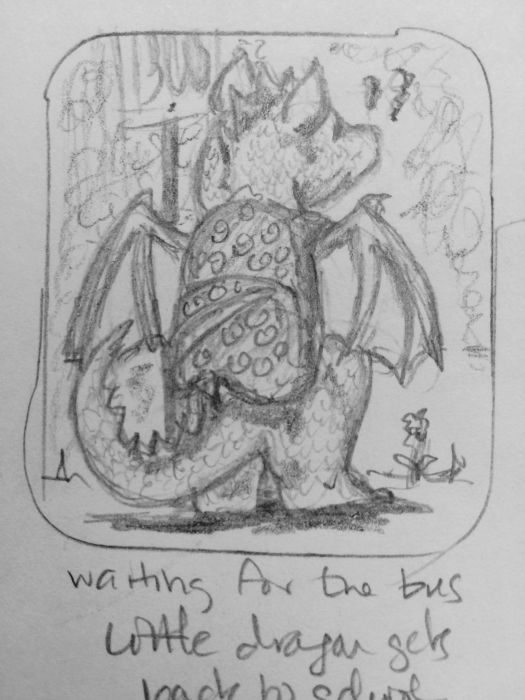 Rough sketch. A kid-sized dragon faces away from the viewer, standing on two legs and wearing a backpack patterned with circular squiggles. There's the suggestion of flowers around its feet, and a bus stop sign in front of it.