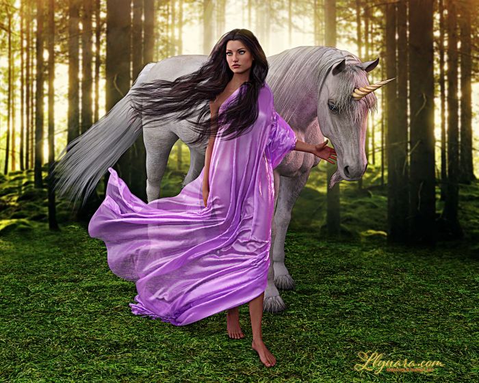 A Photoshopped collage - a brunette with free flowing hair is walking through a forest clearing toward the viewer, with one foot forward. She looks to the viewer's left, and her left hand reaches out to almost cup the chin of a unicorn trailing behind her. The woman is wearing a flowing and silken purple garment. The forest floor is verdant; light slopes through the thin trees in the background.