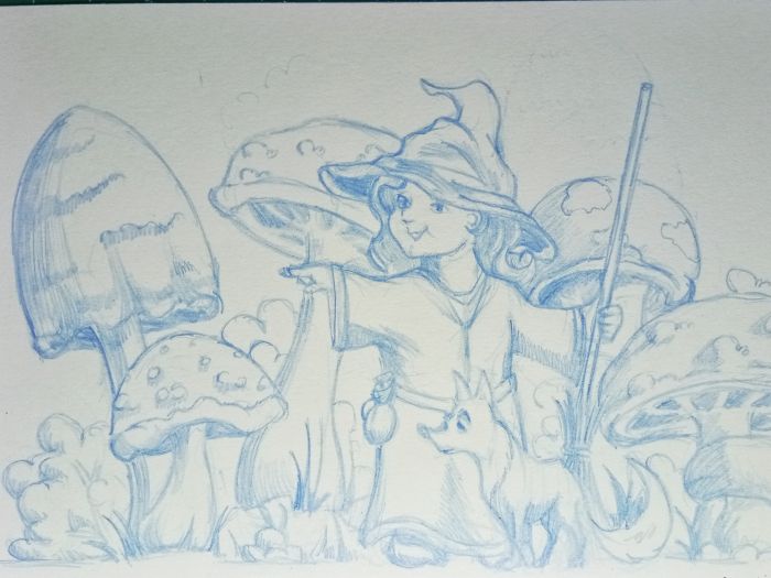 A blue detailed sketch depicts a field of mushrooms of varying height, shape, and sizes. The mushrooms seem the size of large hedges compared to the little witch depicted among the mushrooms. Her body faces the viewer but she's looking and pointing to the viewer's left. She points with her right arm and holds a broom with her left. A waist-high fox stands next to her and looks in the direction of her pointing. The witch is wearing shapeless robes, belted with a small sack at her belt. She also has the requisite witch's hat on, which is a bit lumpy.