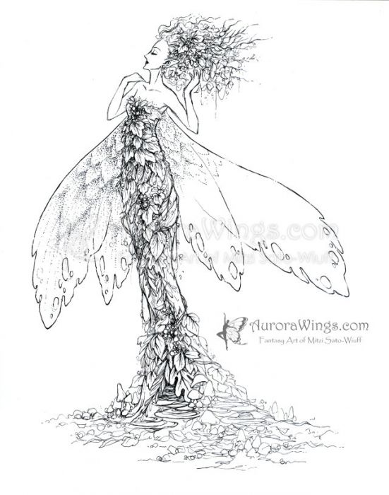 A slender fairy woman poofs her tangled and leaf-strewn hair with one hand while her other hand curls back to touch her bare shoulder. Her fitted gown is made of autumnal leaves and accented with berries. The fairy has moth-like wings, four lobes relaxed in partial extension around her. Mushrooms litter the suggestion of ground about her gown-hidden feet. Ink sketch in progress.