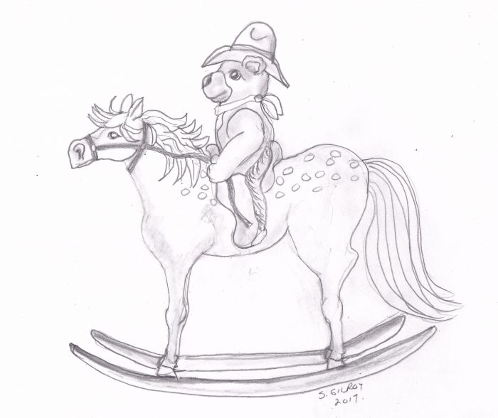 A rocking horse (Appaloosa) facing toward the viewer's left, with a teddy bear in a cowboy hat and neckerchief sitting astride it and holding the reins. Pencil sketch.