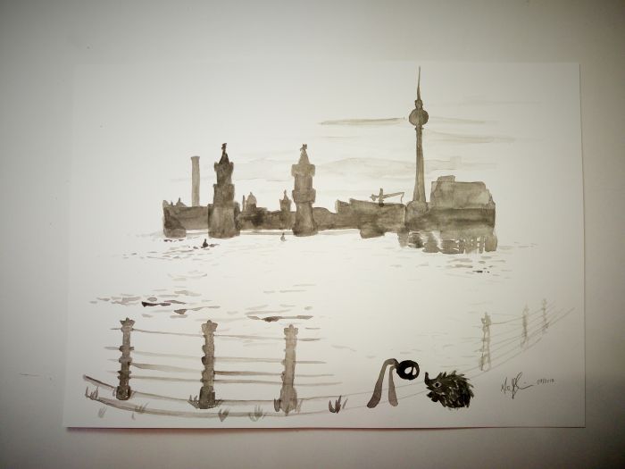 A black blob with white eyes and two lighter grey appendages as legs stares curiously down at a hedgehog next to the suggestion of a railing before some type of waterway, with a city skyline in the background. All in watery black almost sumi-e type painting.