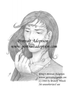 A sketch of a human woman, examining a leaf held before her face between pointer finger and thumb. Her bust is depicted. Her hair long, moving in an unseen wind. She wears a simple diadem with a curved decorative element in the center of her forehead. She appears to be wearing a plain, colored dress with some small lace edging at neckline and the one cuff in the illustration's view. She also wears a simple necklace: a thin chain and some circular center element.