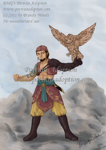 A full figure stands against a soft background of mountainous brown-grey terrain and a blue-white sky. He stands with feet spread and arms held aloft. A brown owl is just alighting on the figures left arm. He faces the viewer; his left arm is covered with a baldric and arm-length glove. His right arm is bare, as is much of his smooth chest. He wears a short cropped purple vest, a teal cloth belt gathered by a gold center buckle over draped purple cloth with golden detailing in a thick edge over bagg golden pants tucked into knee-high brown boots. He also wears a purple bandana with golden detailing over his dark hair. He has a scarred face, the line running over his left eye. He bears a serious expression, and a partially open mouth. His facial hair is dark, and sort of an extended goatee out to the sides. 