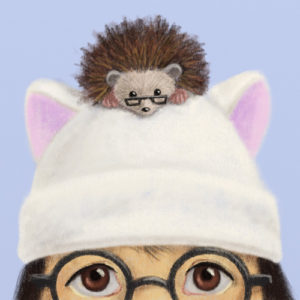 Self-portrait of the author with her character Lorelai: a pale face is depicted from mid-nose up, wearing round spectacles; the person's eyes are brown, and dark colored hair frames their face under a white knit cap with cat ears (showing pink interiors); the brown bespectacled hedgehog faces the viewer from her perch atop the hat.