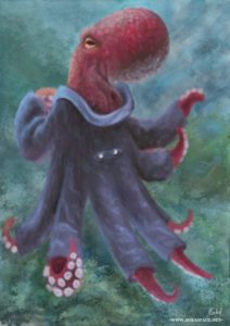 A mottled red octopus faces away from the viewer, looking back at the viewer, wearing a many-armed grey-blue coat. The background is an impression of sea greens and blues.