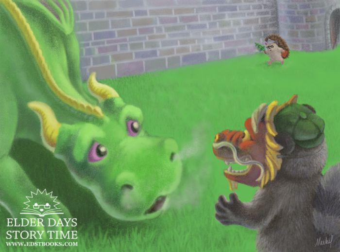 A friendly rounded green dragon with gold horns and purple eyes  faces a masked tanuki and looks surprised. Smoke curls from the dragon's nostrils and open mouth. The tanuki is facing away from the viewer in the foreground, wearing a green hat on his brown and black furry body. He also wears a red Chinese-esque dragon mask with gold accents. In the background is a green lawn,  brick wall, and Lorelai the hedgehog hurrying toward the dragon and tanuki while holding a red book.