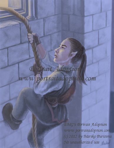 A humanoid figure of small stature with pointed ears climbs a rope up a brick wall to an open window barely in frame in the upper left. Light spills from the open window. The figure is wearing green, brown, and white adventurer clothes. It is night.